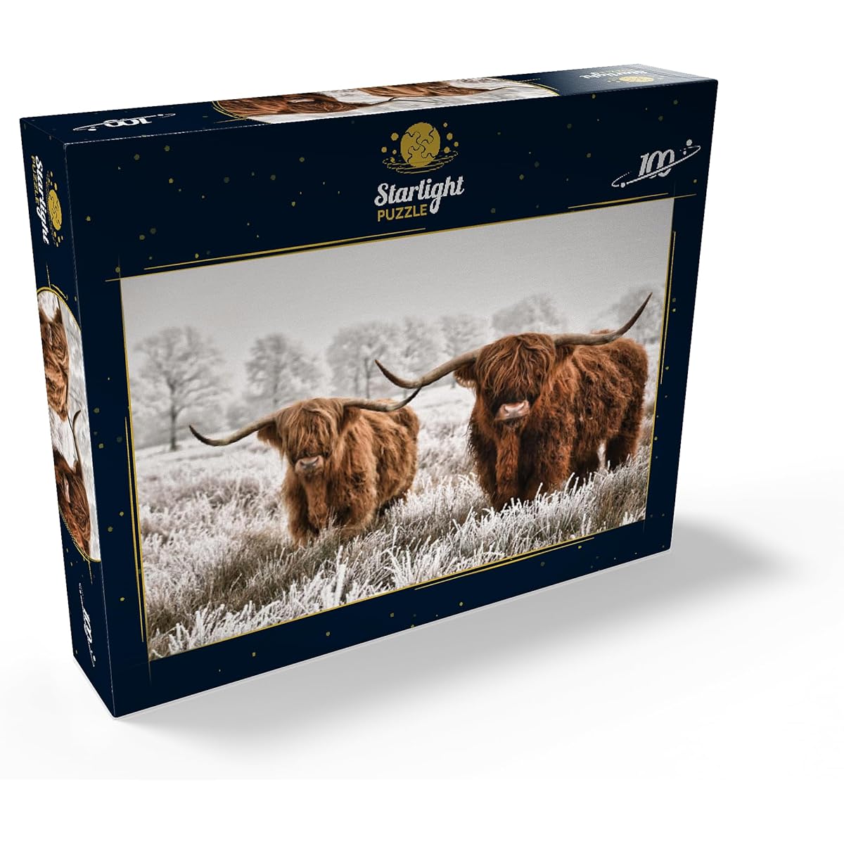 Hairy Scottish Highland Cattle in a Winter Landscape - Premium 100 Piece Jigsaw Puzzle for Adults