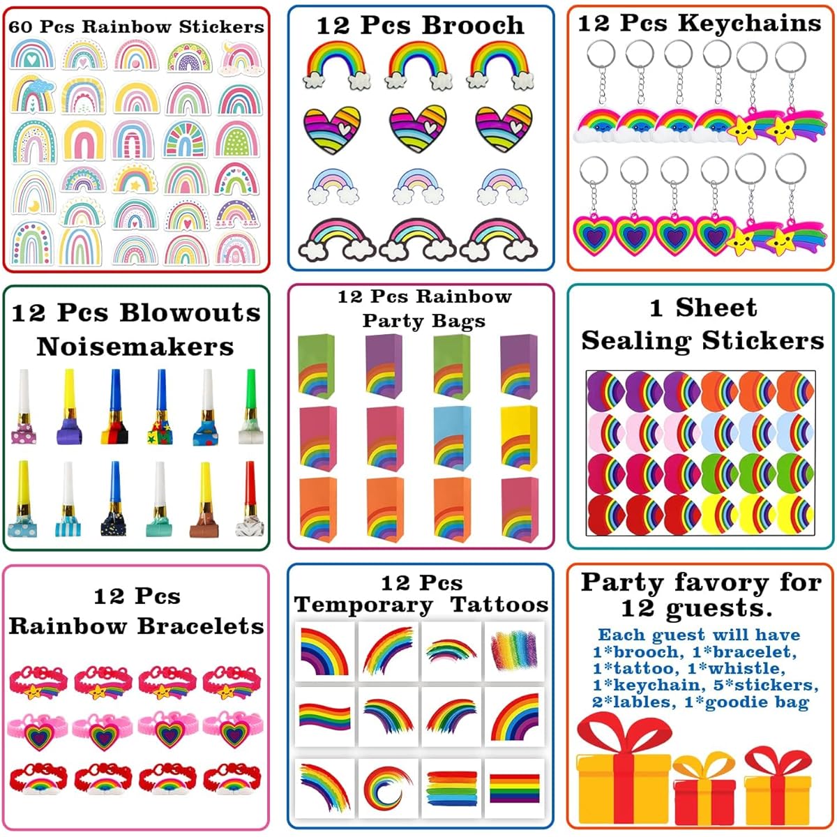 Leesgel 156pcs Art Rainbow Party Favors for Kids Tie Dye Rainbow Birthday Party Supplies Decorations Small Gifts Goodie Bag Stuffers Brooches Stickers Whistles Keychains Tattoos