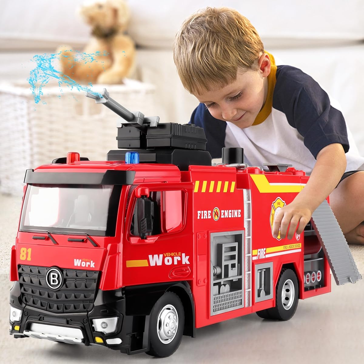 Dwi Dowellin Fire Truck Toy for Kids 3-5 Years Old Fire Rescue Vehicle with Metal Cab Shooting Water/Lights/Sounds Toy Truck Gift for Ages 2, 3, 4, 5