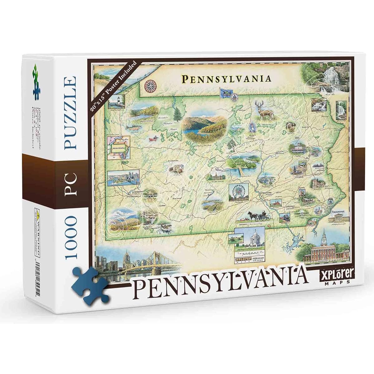 Pennsylvania State Map Cardboard Jigsaw Puzzle - 1000 Pieces Hand-Drawn Illustrations - Educational Family Activity for Ages 7+ Includes Poster - 25.4 x 19.8 Inches