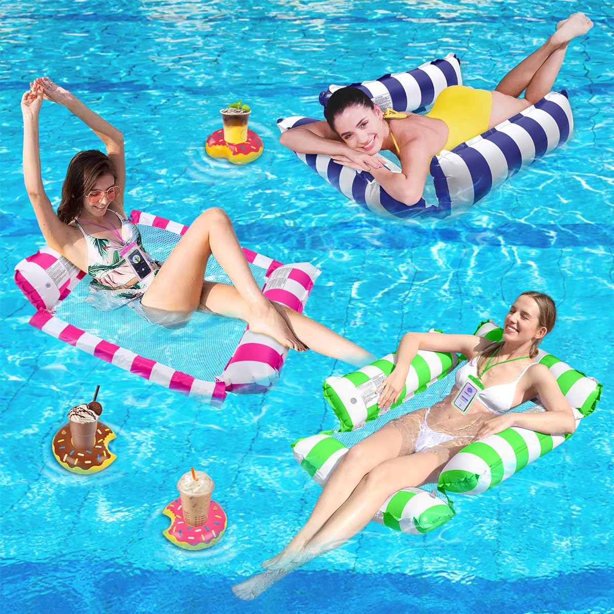Inflatable Pool Float for Adults 4-in-1 Multipurpose Pool Float (Hammock, Saddle, Drifter, Lounge Chair) 3 Pack Pool Float with Cup Holder for Adults Swimming Pool Lake Beach