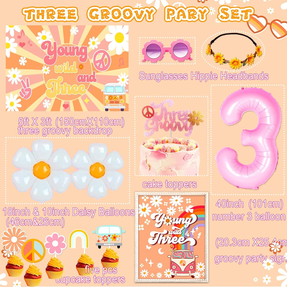 98pcs Young Wild Three Decorations Girls 3 Groovy Birthday Party Decorations Groovy Balloon Arch Backdrop Groovy Three Cake Topper Groovy Sunglasses Groovy Birthday Party Decorations Hippie 3rd Birthday Party Decorations Girls 3rd Birthday Decorations