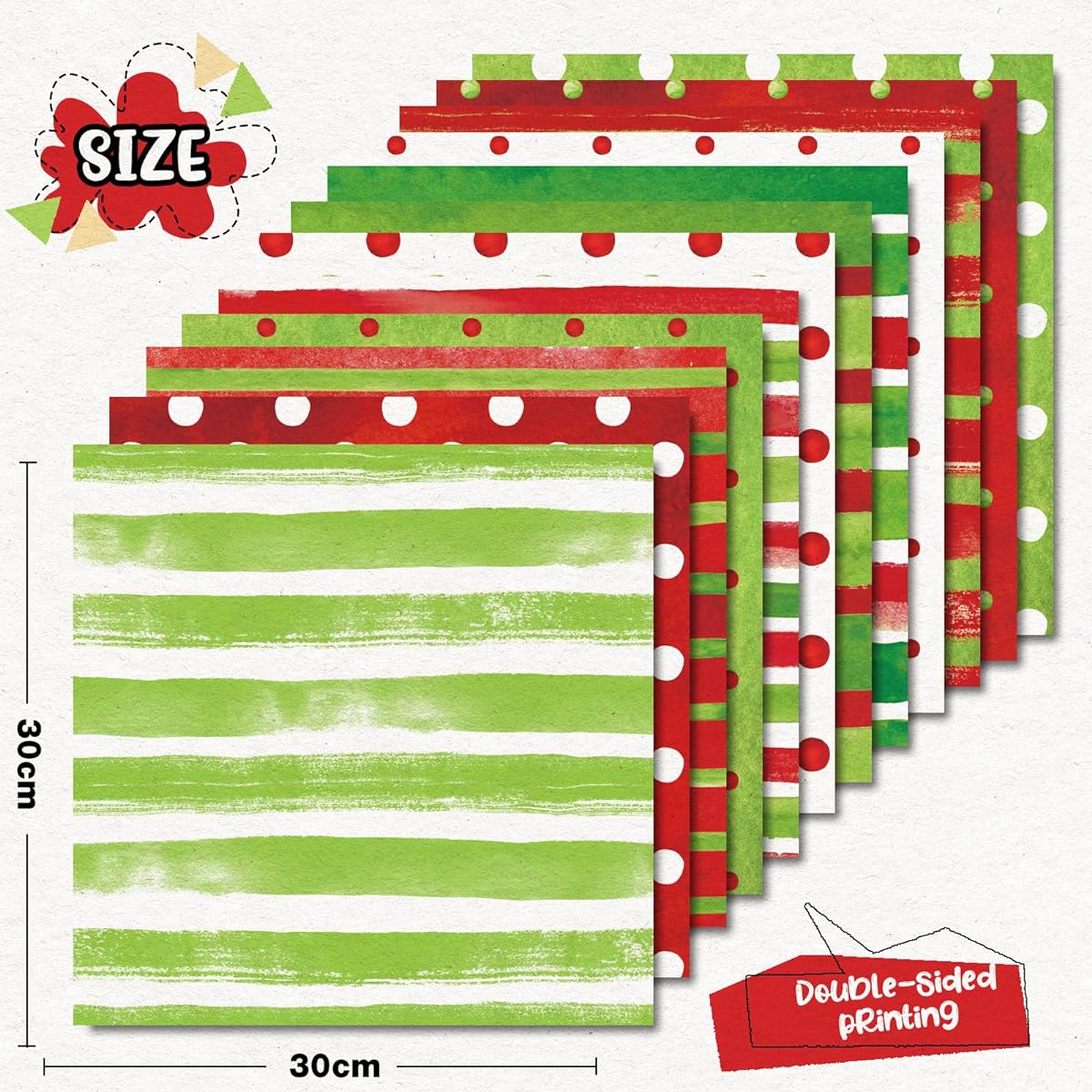Whaline 24 Sheets Christmas Watercolor Pattern Paper Red Green Scrapbook Specialty Paper Polka Dots Stripes Double Sided Craft Paper DIY Card Making Photo Album Decoration 11.8 x 11.8 Inch