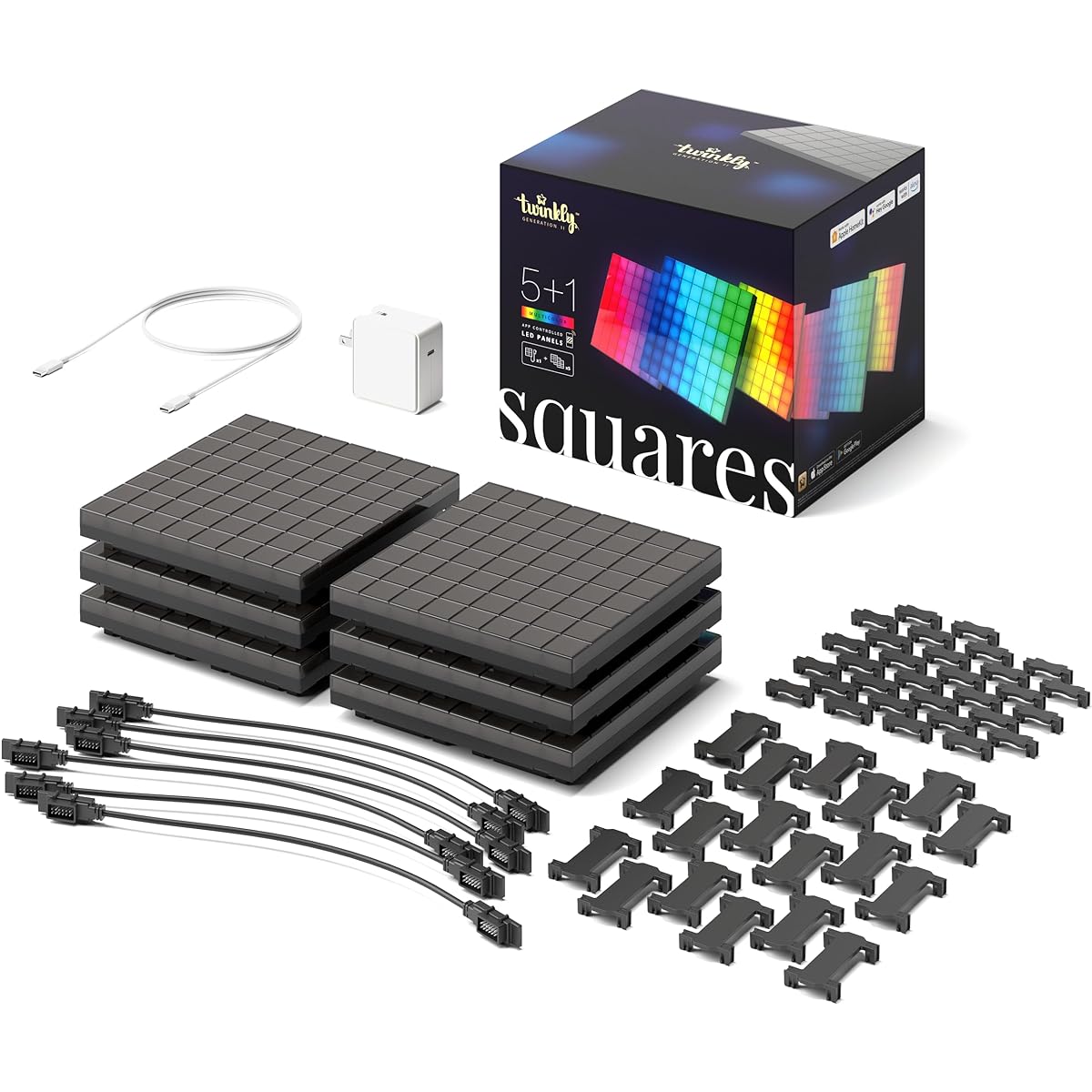 Twinkly Squares Starter Kit – App-Controlled LED Panels Black. 1 Master Tile + 5 Extension Tiles. Indoor Smart Home Lighting/USB-C Adapter Not Included