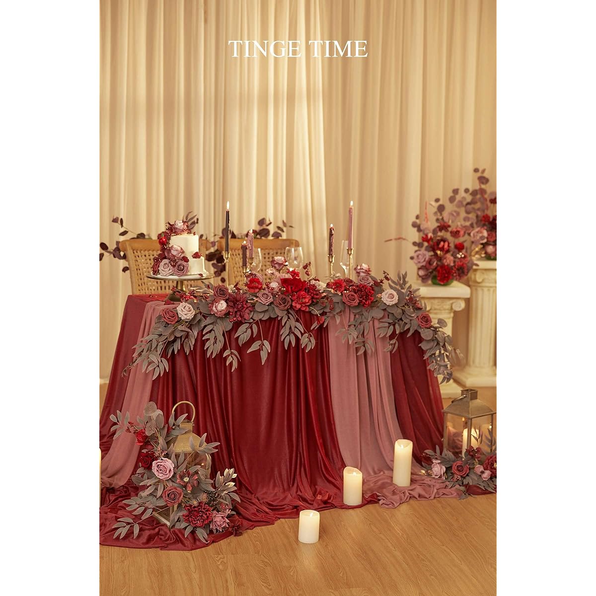 TINGE TIME 6ft Artificial Flower Garland Decorations 3 Piece Set Silk Lanterns Flower Arrangements with Ribbons for Wedding Aisle Decorations Chairs Table Centerpieces Arch Decorations (Rust Red & Bean Pink)
