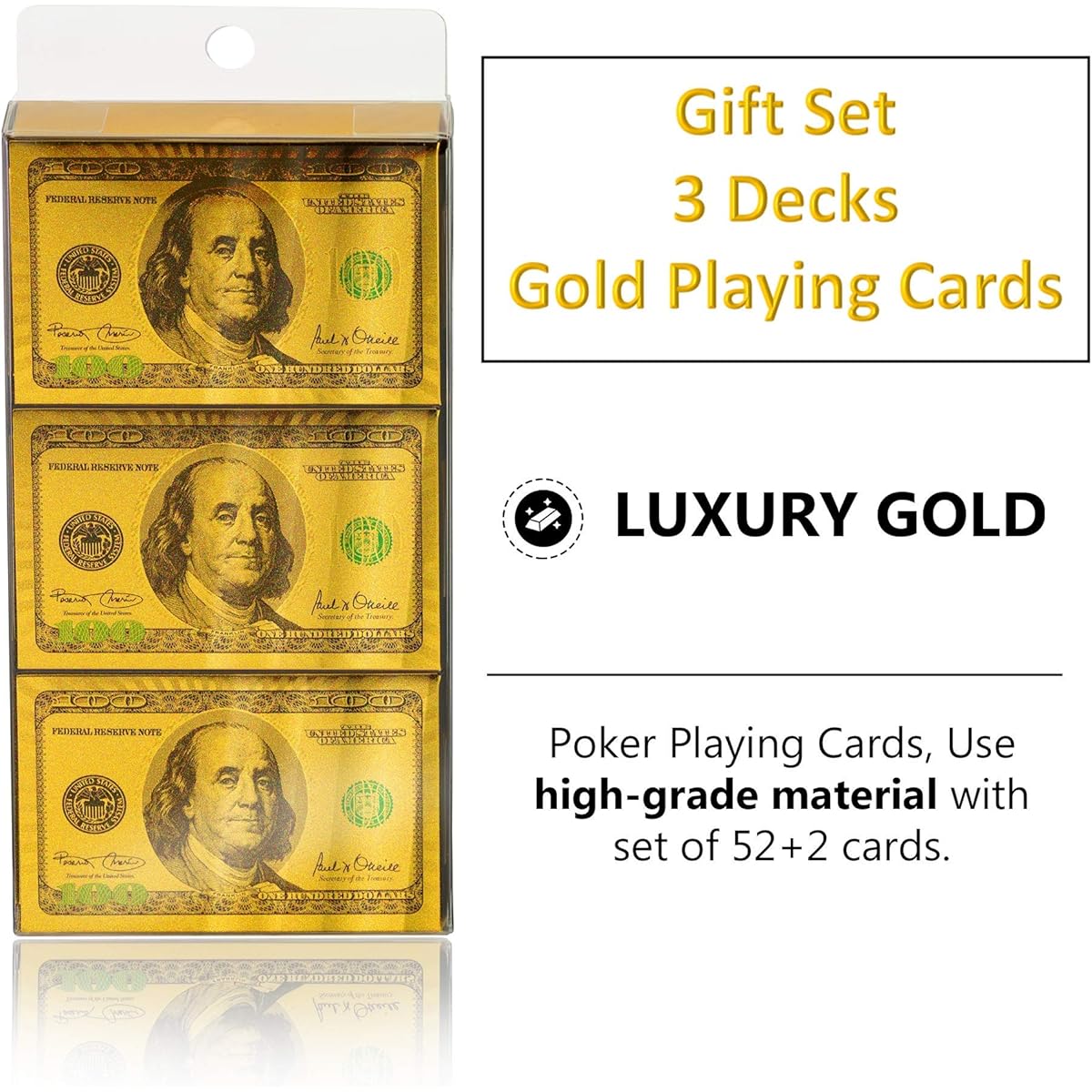 Magic Kiss 3 Deck Waterproof Gold Foil Poker Cards 100 Dollar Bill Plastic Card Set with Gift Pack (Gold 3 Decks)
