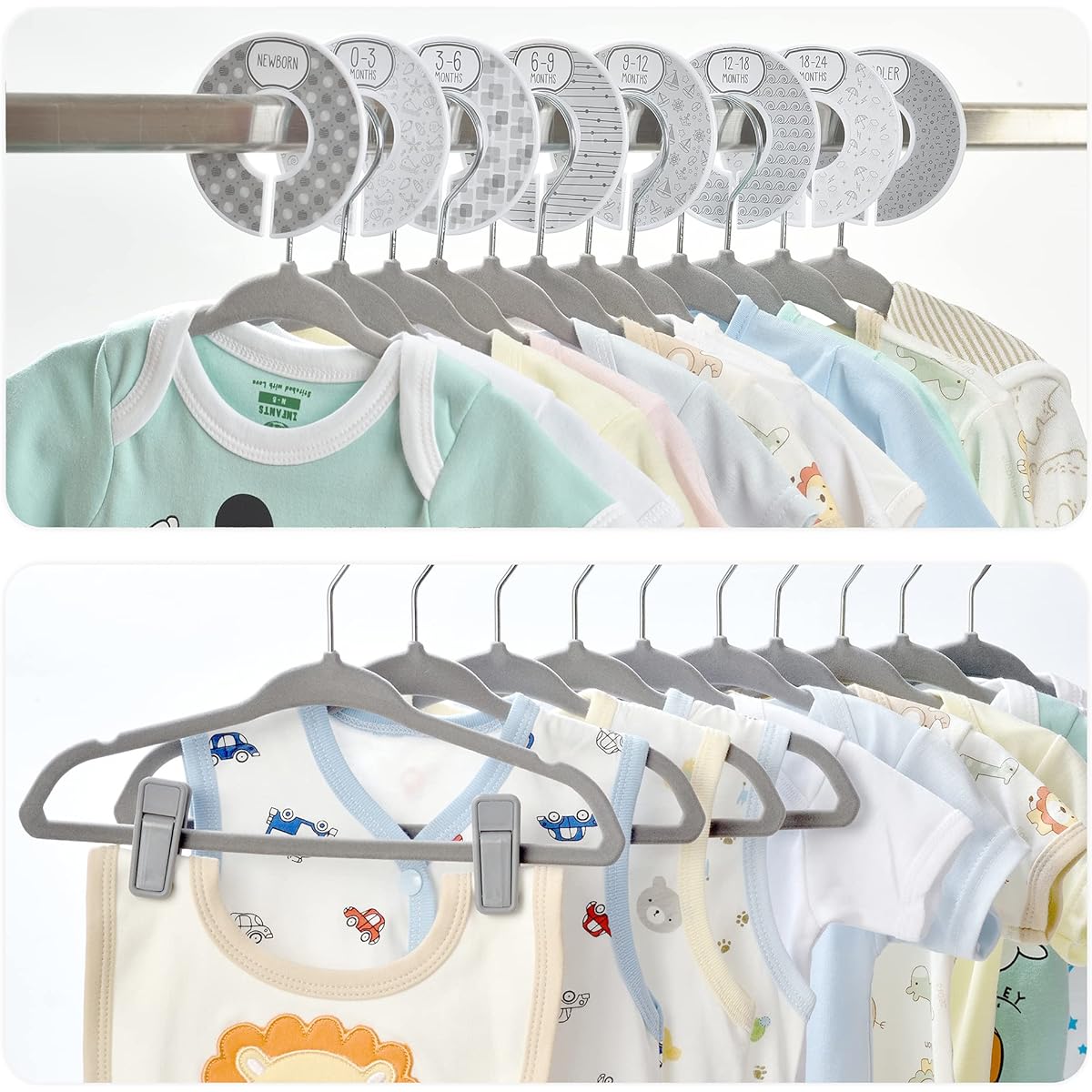 Babyrish Velvet Baby Hangers, 30 Pack Ultra Thin Non-Slip Nursery Clothes Hangers with 8 Cute Clothes Dividers and 10 Hanging Clips for Baby Boys and Girls, Grey