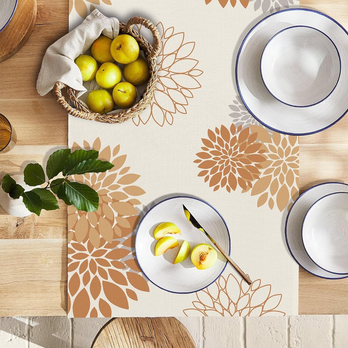 WHOMEAF Autumn Orange Grey Table Runner Wild Dahlia Pinata Fall Flower Table Runner Modern Elegant Pom Pom Farmhouse Geometric Table Center Decoration for Home Dining Party Entryway Patio (13x48inch)