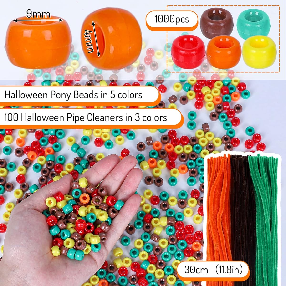 Whaline Autumn Pony Beads 1000 Pieces Chenille Stem Pipe Cleaners 100 Pieces 5 Colors Autumn Craft Beads Plastic Beads DIY Craft Necklace Bracelet Jewelry Making Supplies