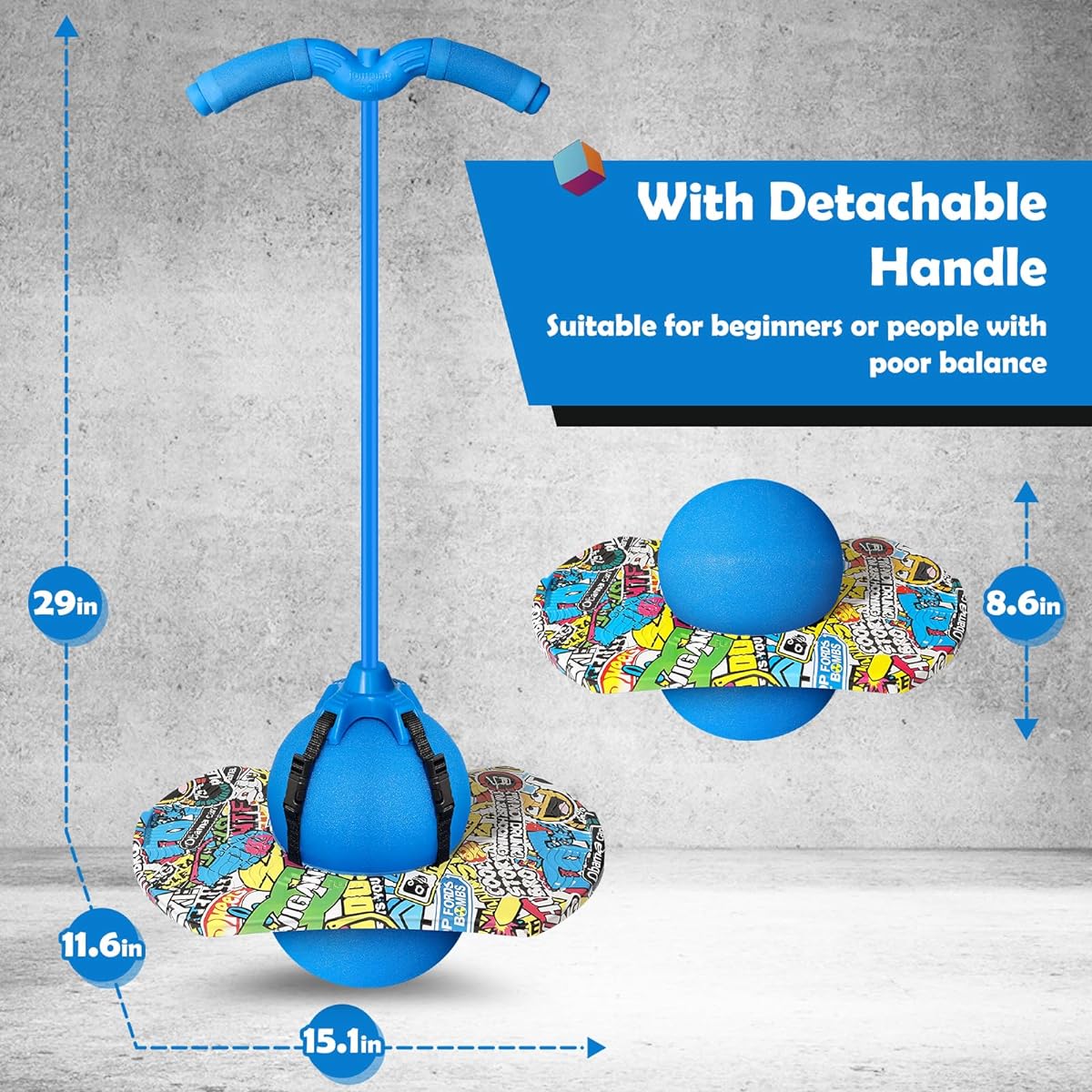 Christoy Pogo Ball with Handle for Kids Adults Pogo Balance Bounce Ball Pogo Trick Board for Girls and Boys Ages 6+ (Blue Colorful)