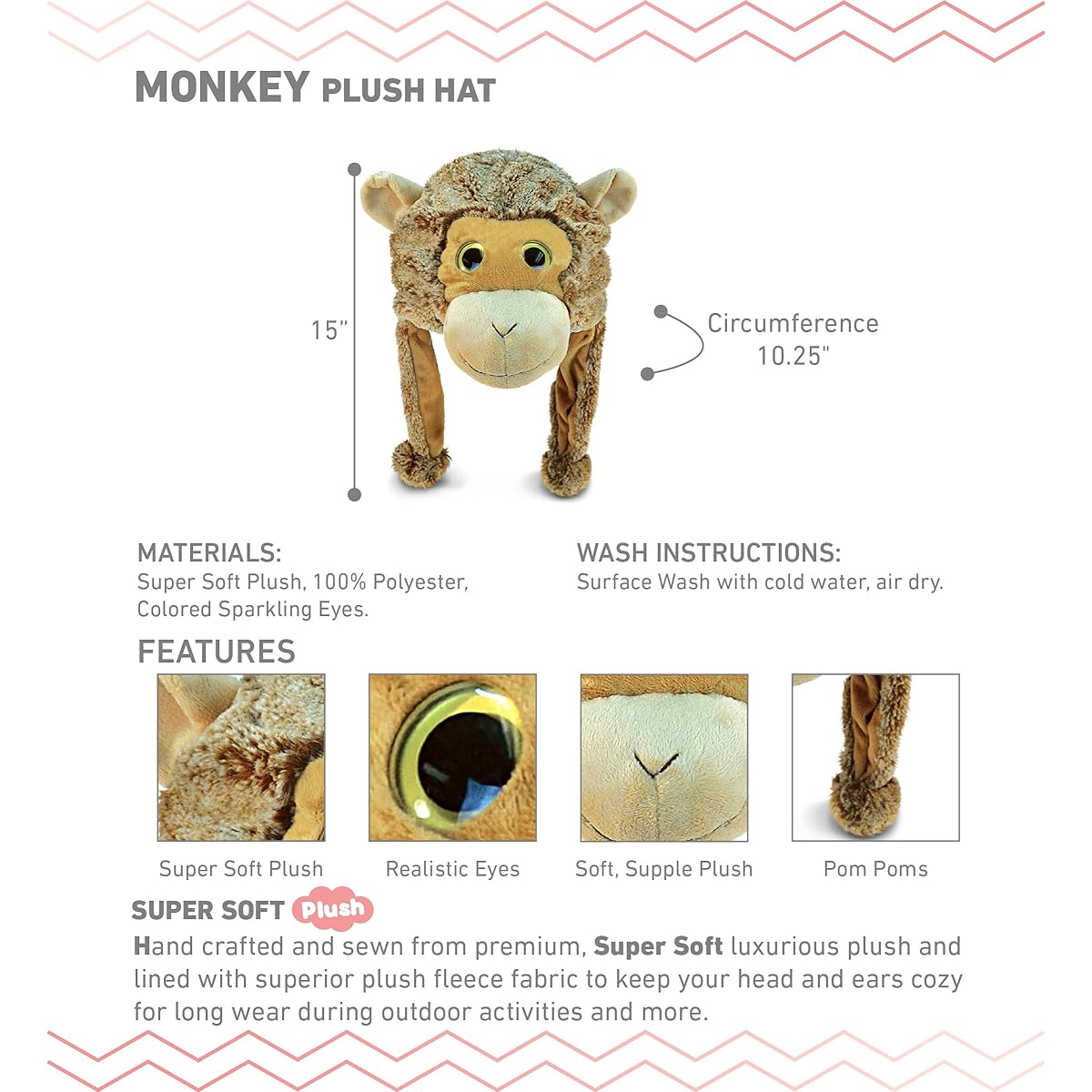 Puzzled Monkey Super-Soft Stuffed Plush Hat Stuffed Animal Toy