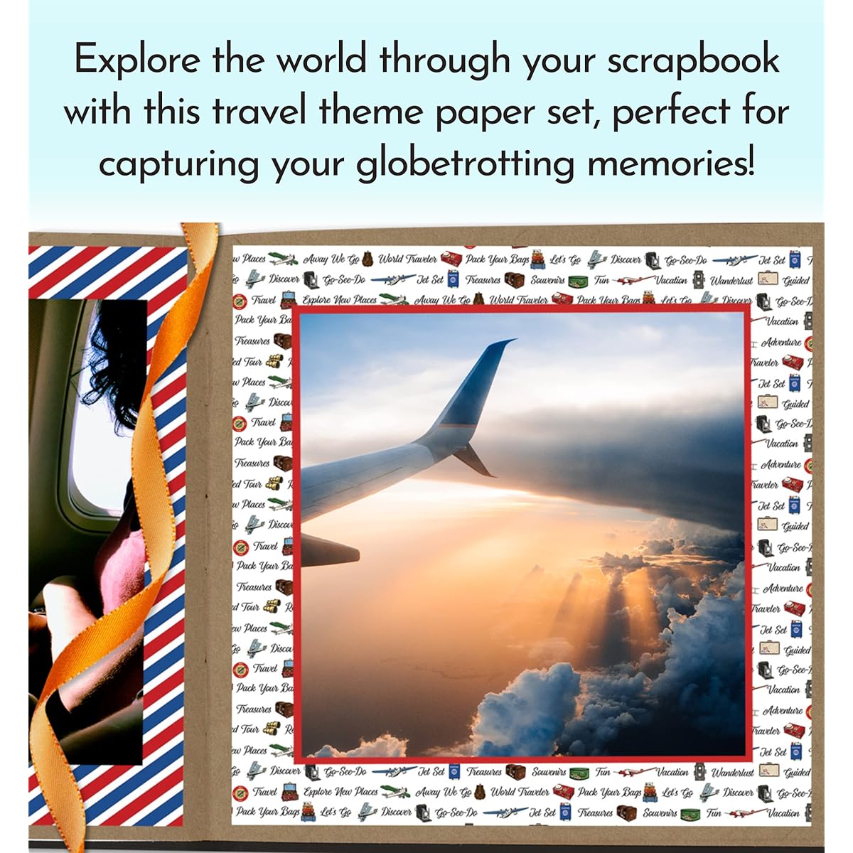 Travel Scrapbook Paper 12 x 12 - World Map Scrapbook Paper with Planes, Stamps, Luggage Designs | Vacation Scrapbook Paper for Photo Albums Planners Home Decor | Travel Theme 6 Item Set