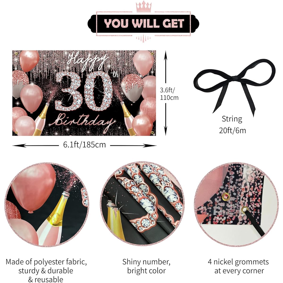 PHXEY Happy 30th Birthday Background Banner 30th Birthday Decoration Women Rose Gold 30th Birthday Party Yard Sign Photo Booth Props Backdrop Poster 30th Birthday Decoration Fabric PHXEY