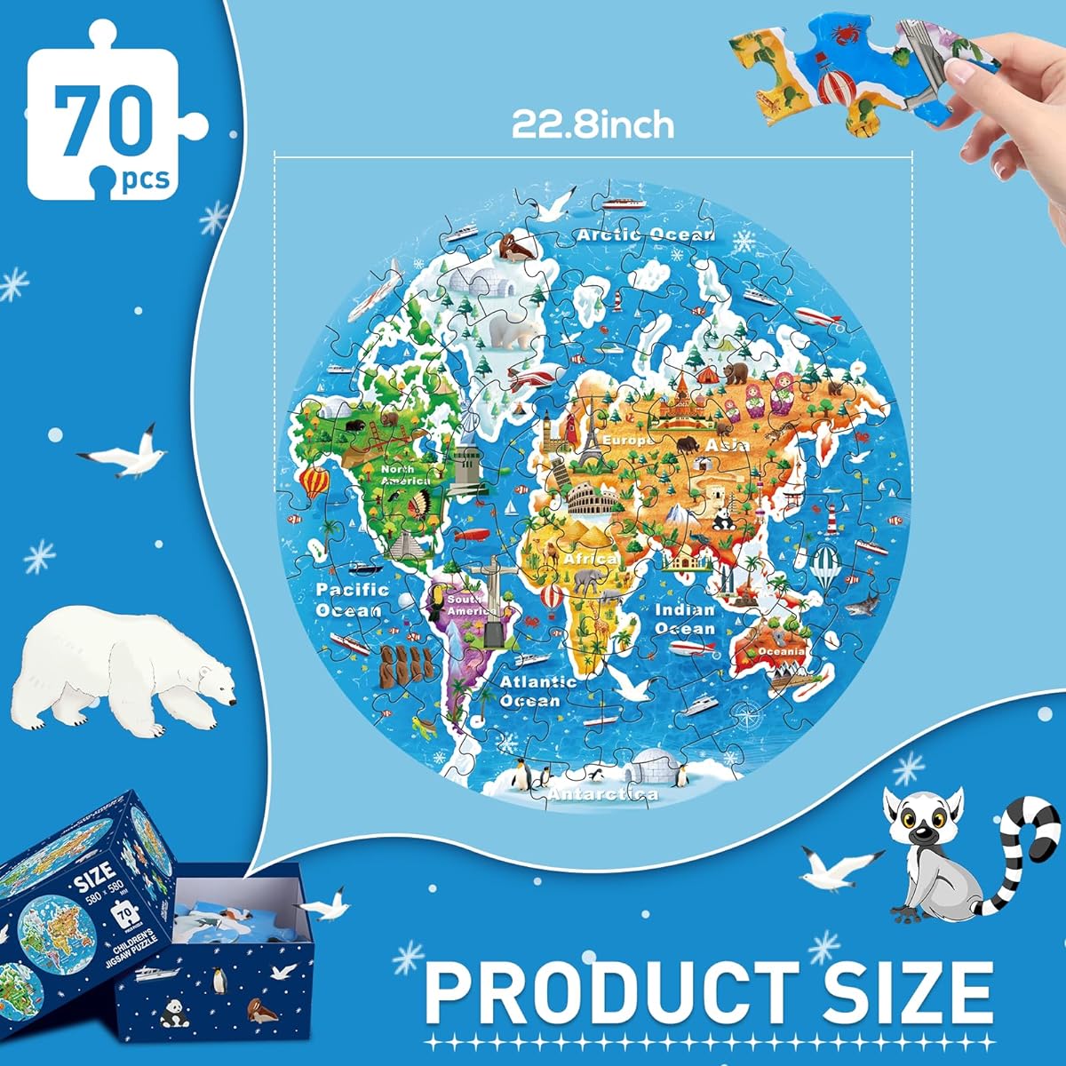World Map Round Jigsaw Puzzle for Kids Geography Floor Puzzle Large 70 Piece Puzzle for Toddlers 3-5 Years Old Preschool Learning Education Christmas Birthday Gift for 4-8 Years Old Boys Girls