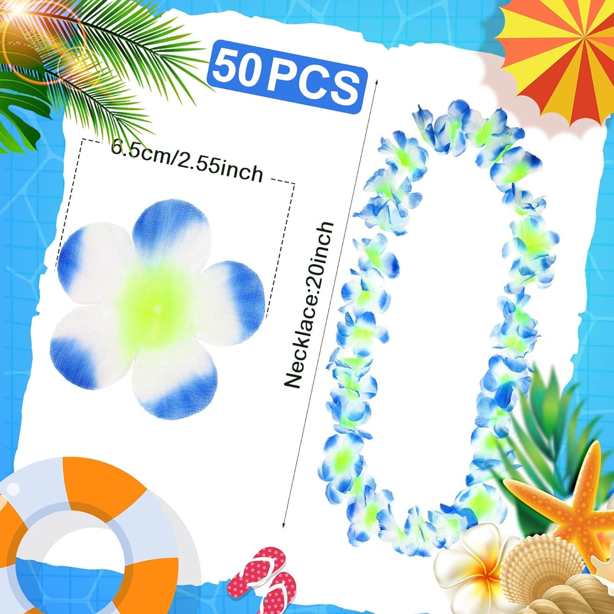Jexine 50 Count Hawaiian Lei Necklace Tropical Flower Luau Party Artificial Flower Neck Loop Decor Beach Birthday Wedding Dance Garland Headband (Blue)