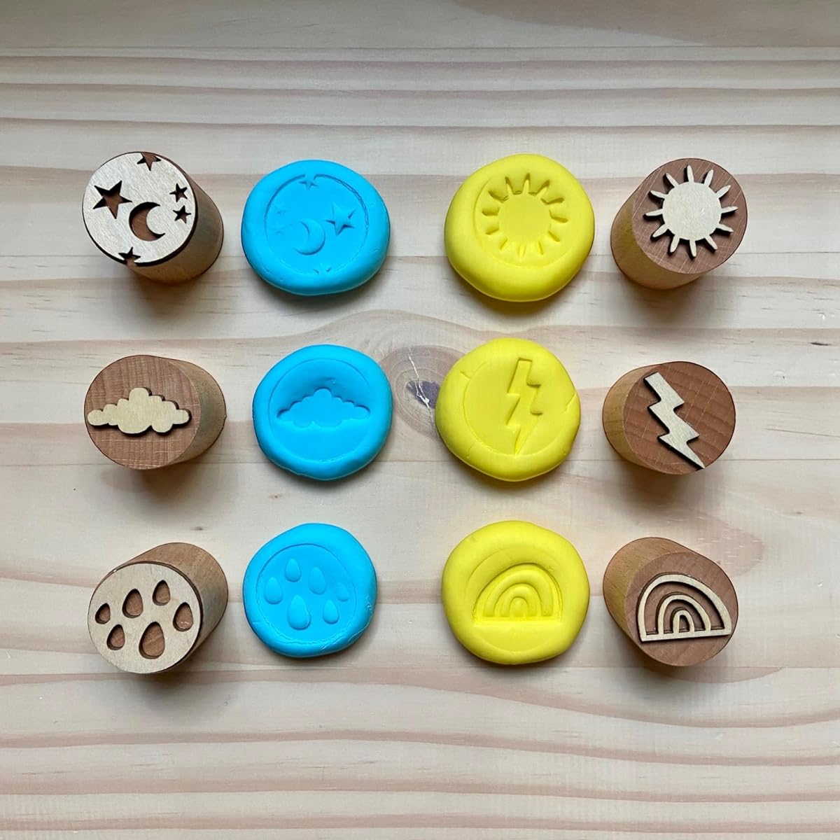 Olivia and Jack Playdough Tool Set Weather Theme - Wooden Playdough Tools - Playdough Rolling Pin and Stamps