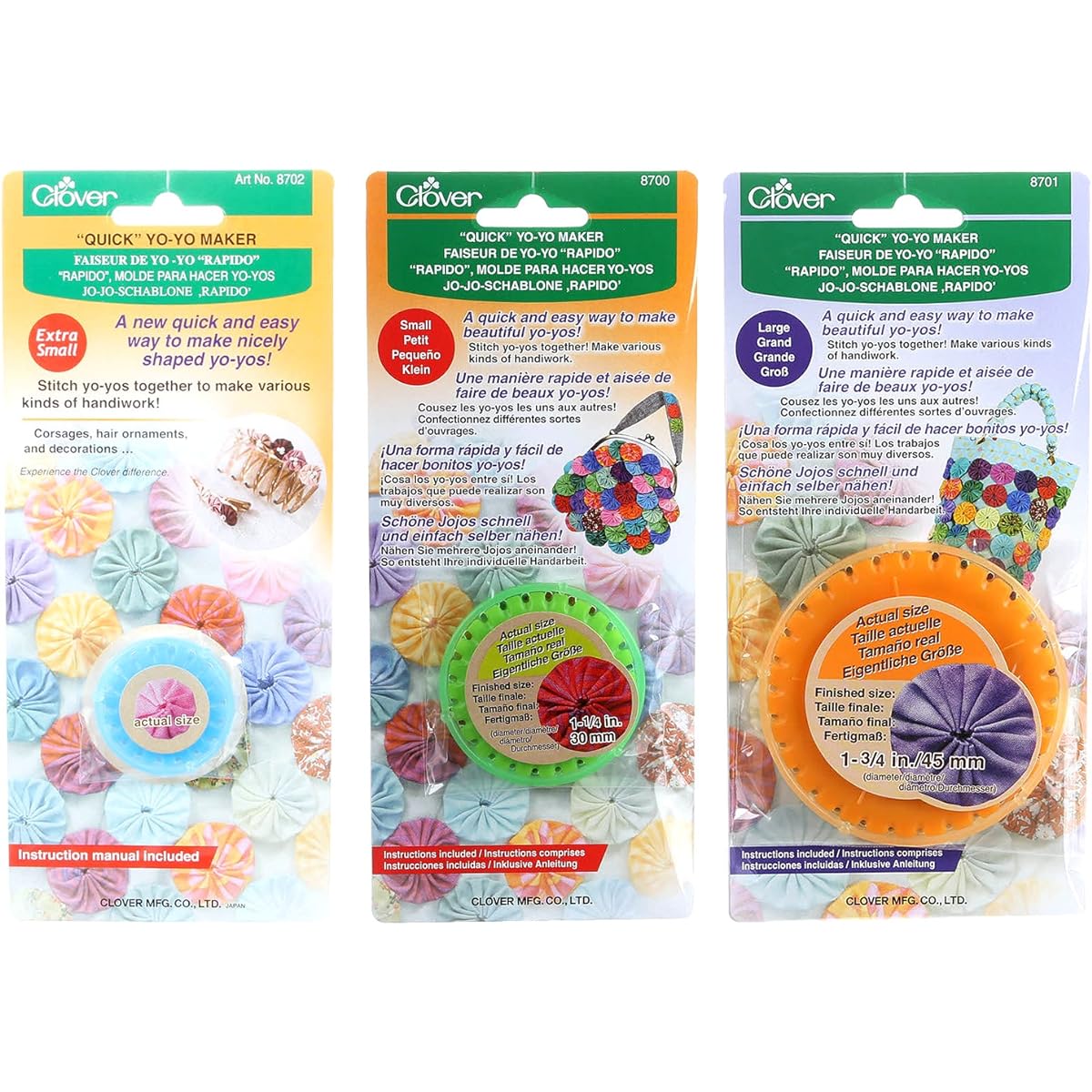 QuickYoMaker 3-Piece Set: Extra Small (for 3/4" yo-yos), Small (for 1.25" yo-yos), Large (for 1.75" yo-yos).