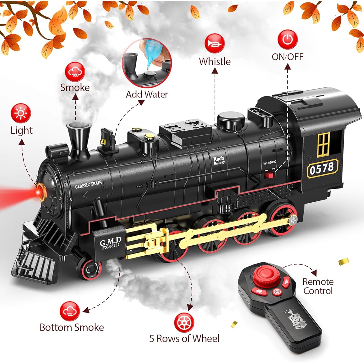 Hot Bee Train Set for Boys Remote Control Christmas Train Set with Steam Locomotive, Cars & Tracks, Smoke, Whistles & Lights, Christmas Toy Gift for Kids Ages 3 4 5 6 7 8+, Remote Control Train