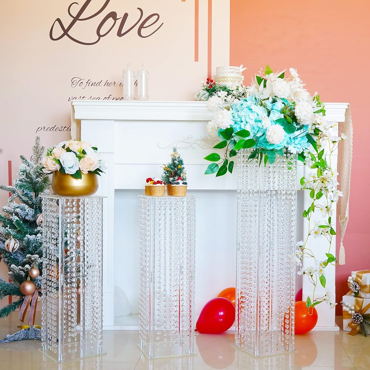Wedding Centerpiece Table Acrylic Vase with Chandelier Crystal 31.5" Tall Clear Rectangle Flower Stand Geometric Flower Centerpiece Vase Party Table Decoration 2 Pieces