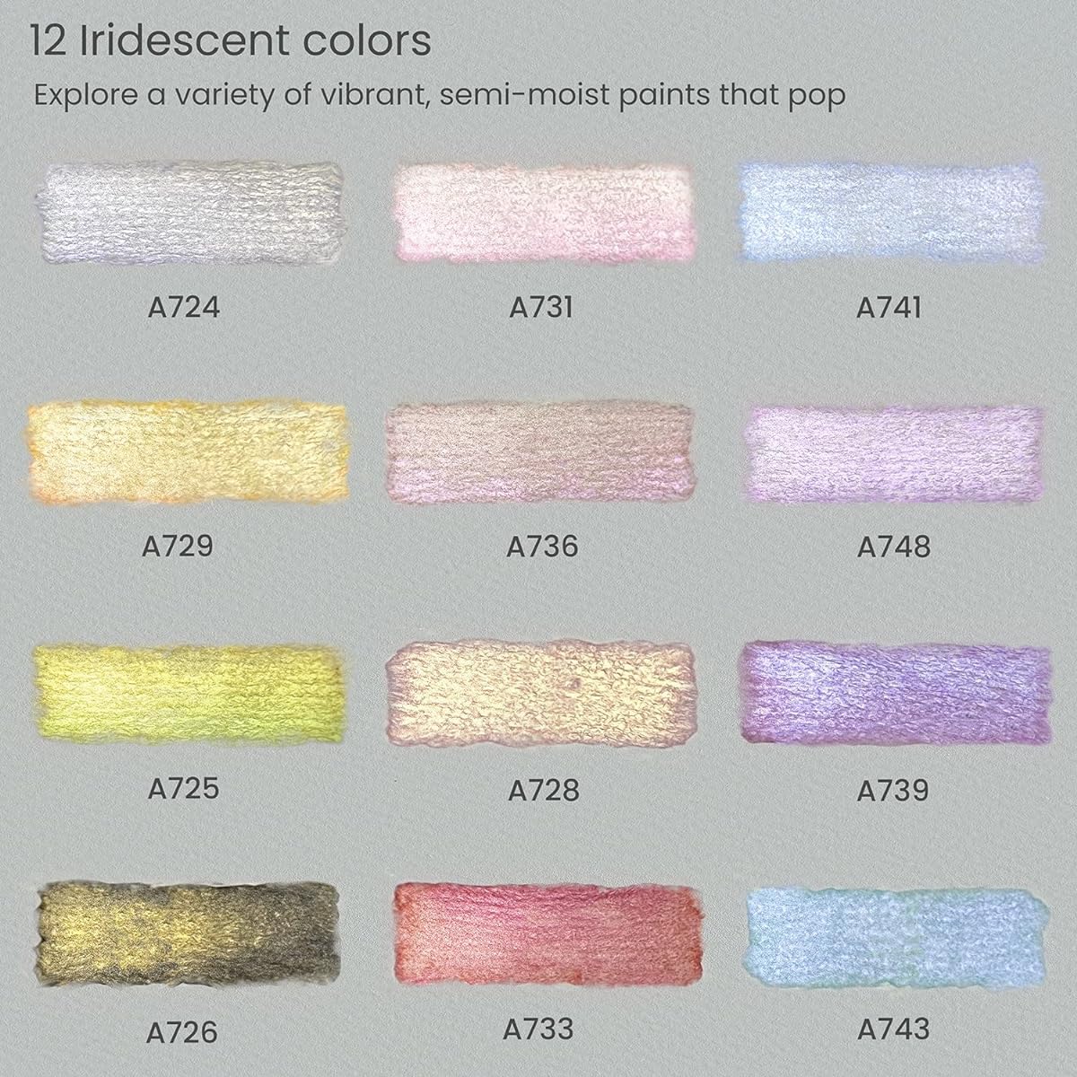ARTEZA Rainbow Watercolor Paint Set, 12 Metallic Pearl Colors, Half Pan, Water Brush Included, Reusable Semi-Moist Glitter Paint, Non-Toxic, For Painters/Hobby Painters