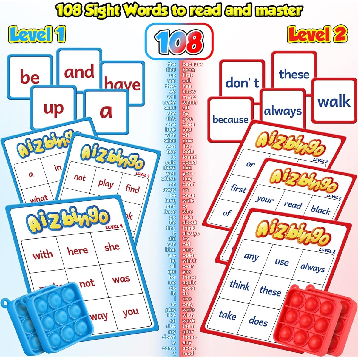 Torlam Sight Word Bingo Game 2 Levels Learn to Spell Phonics Game Sight Word Flash Cards Homeschool Supplies Kindergarten Learning Activities Preschool Classroom Essentials