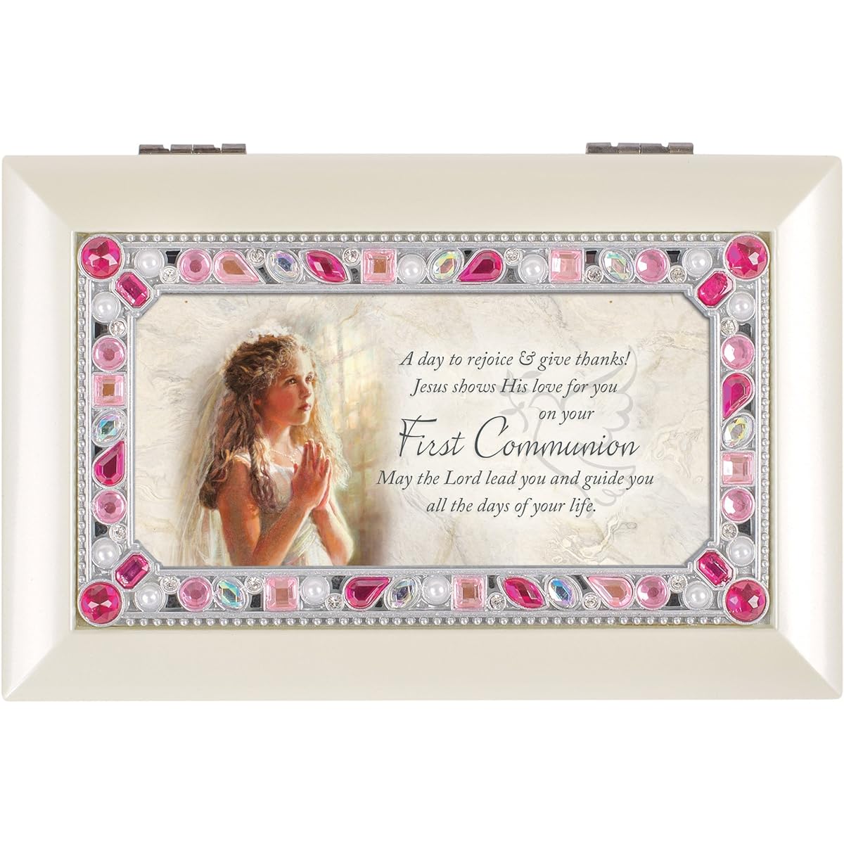 First Communion Girls Fincher Petite Jeweled Ivory Music Box Plays Jesus Loves Me