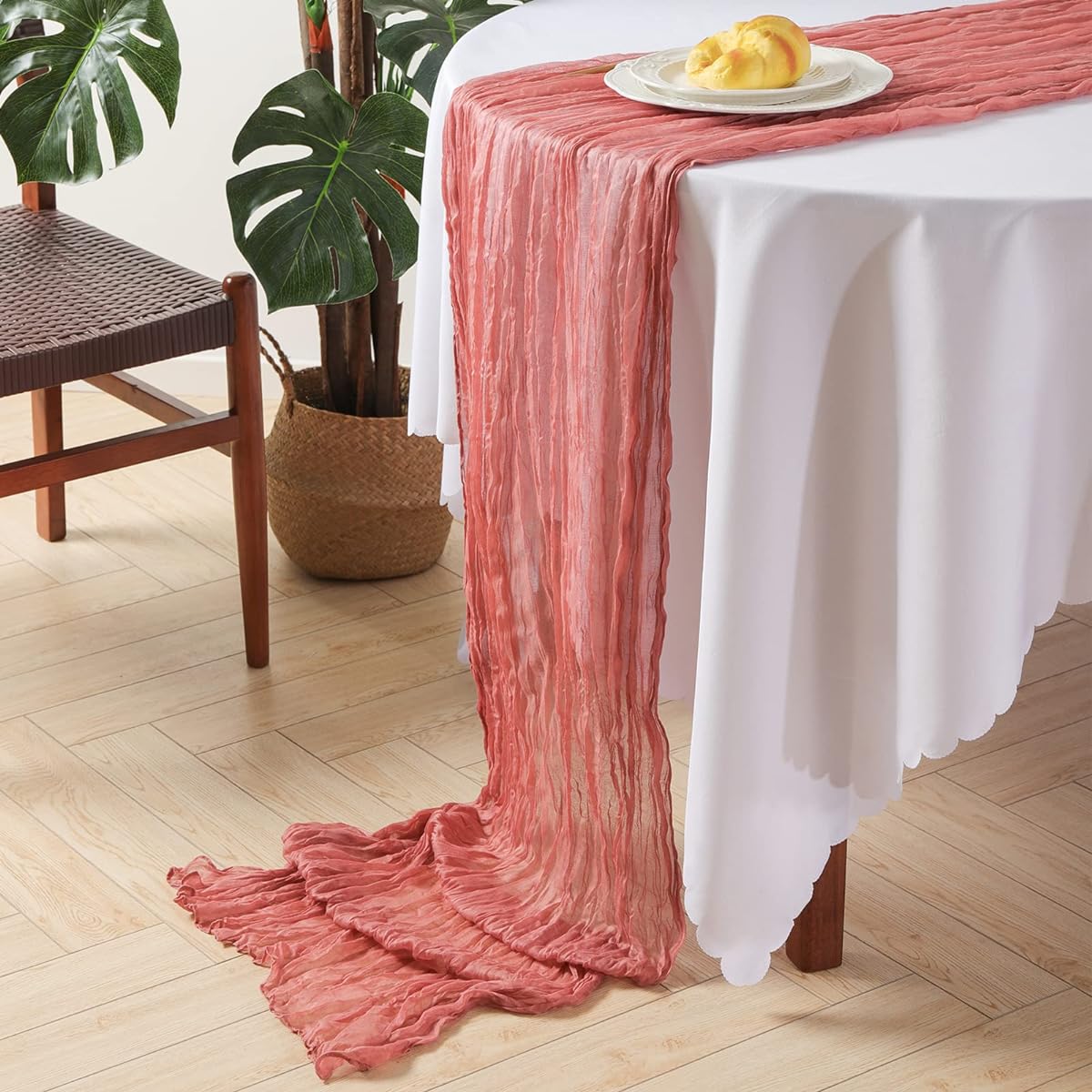 Gauze Table Runner 5 Piece 10 Feet Sheer Cheesecloth Table Runners Bulk for Holiday Party Bridal Shower Romantic Boho Table Decor 35" W x 118" L Dusty Rose