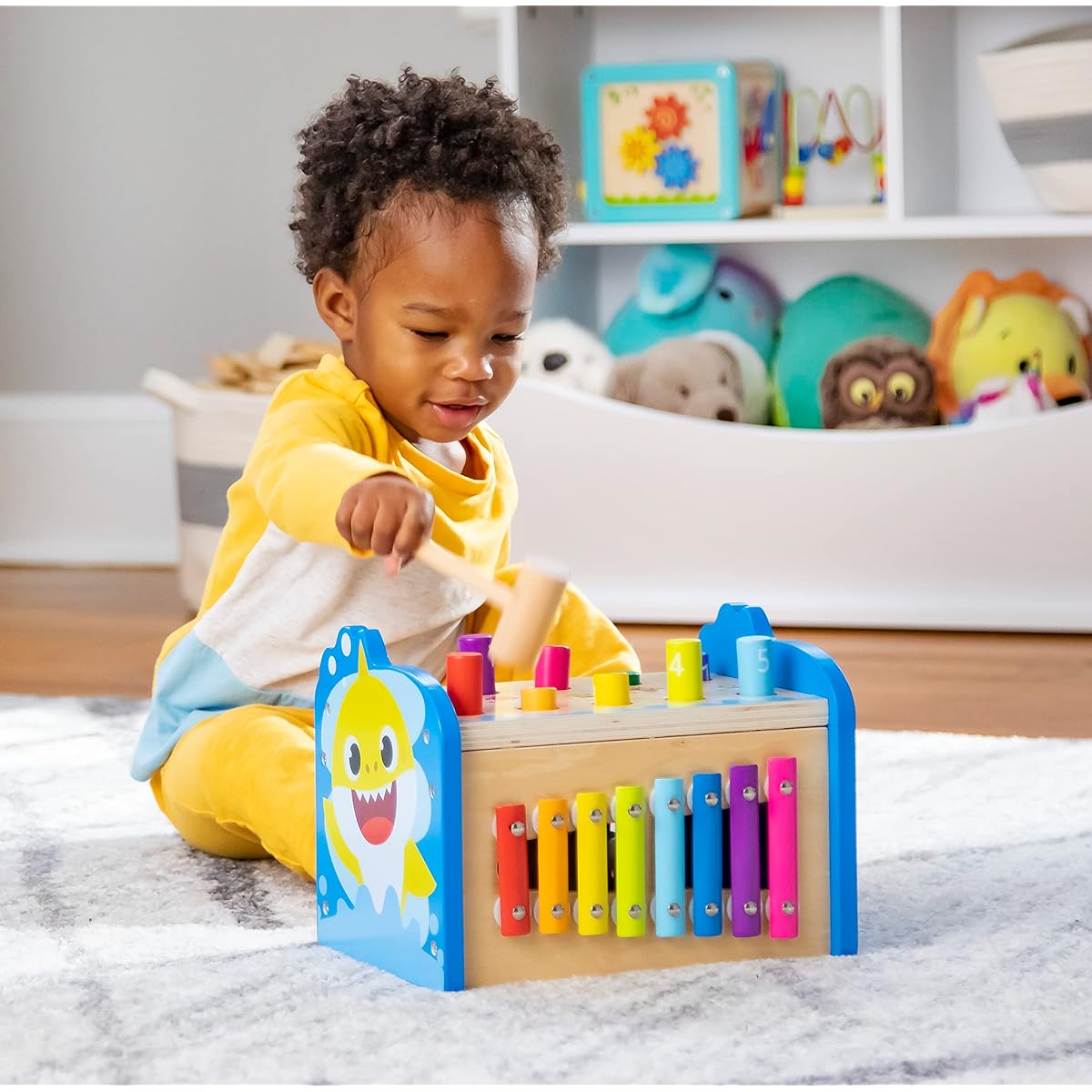 Pidoko Kids Baby Shark Toy - Montessori Hammer & Smash Toy - First Birthday Gift for Boys & Girls - STEM Wooden Toys 1st Year Old Gift - Baby Xylophone and Number Maze
