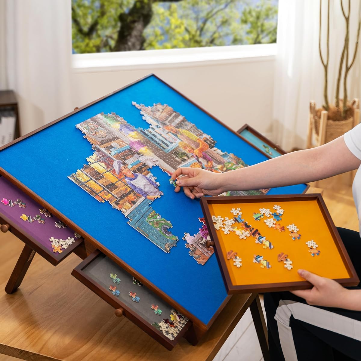 Tektalk Jigsaw Puzzle Table with 6 Colorful Drawers, Puzzle Board with Cover, Holds 1500, 1000, 500 Pieces