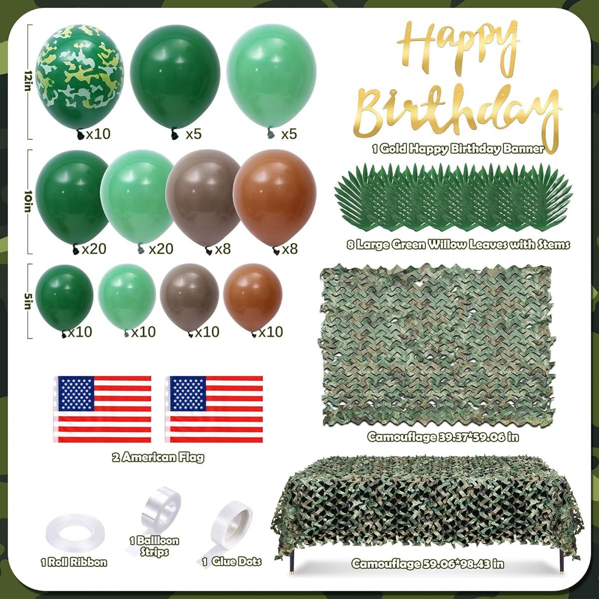 Keleno 133pcs Army Party Decorations Amy Birthday Party Supplies Camouflage Netting Camo Balloons Garland Arch Kit Green Brown Happy Birthday Banner American Flag Willow Leaves Army Decorations for Party