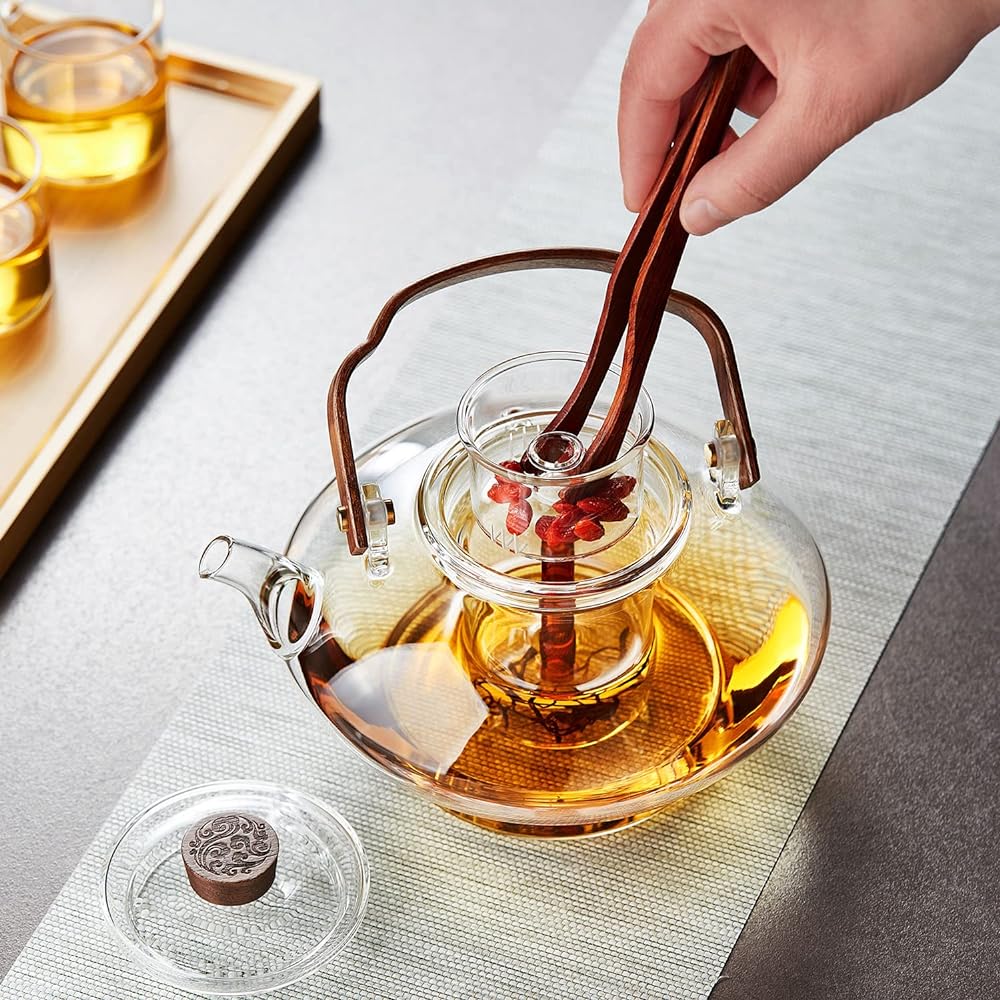 Unbreakable NB4017 Heat-resistant Glass Teapot, Large Capacity, Top Type, Wooden Handle, 1300ml, Yellow Court Lantern Design, Includes Both-Use Tea Strainer, Tea Jumping, Microwave Safe