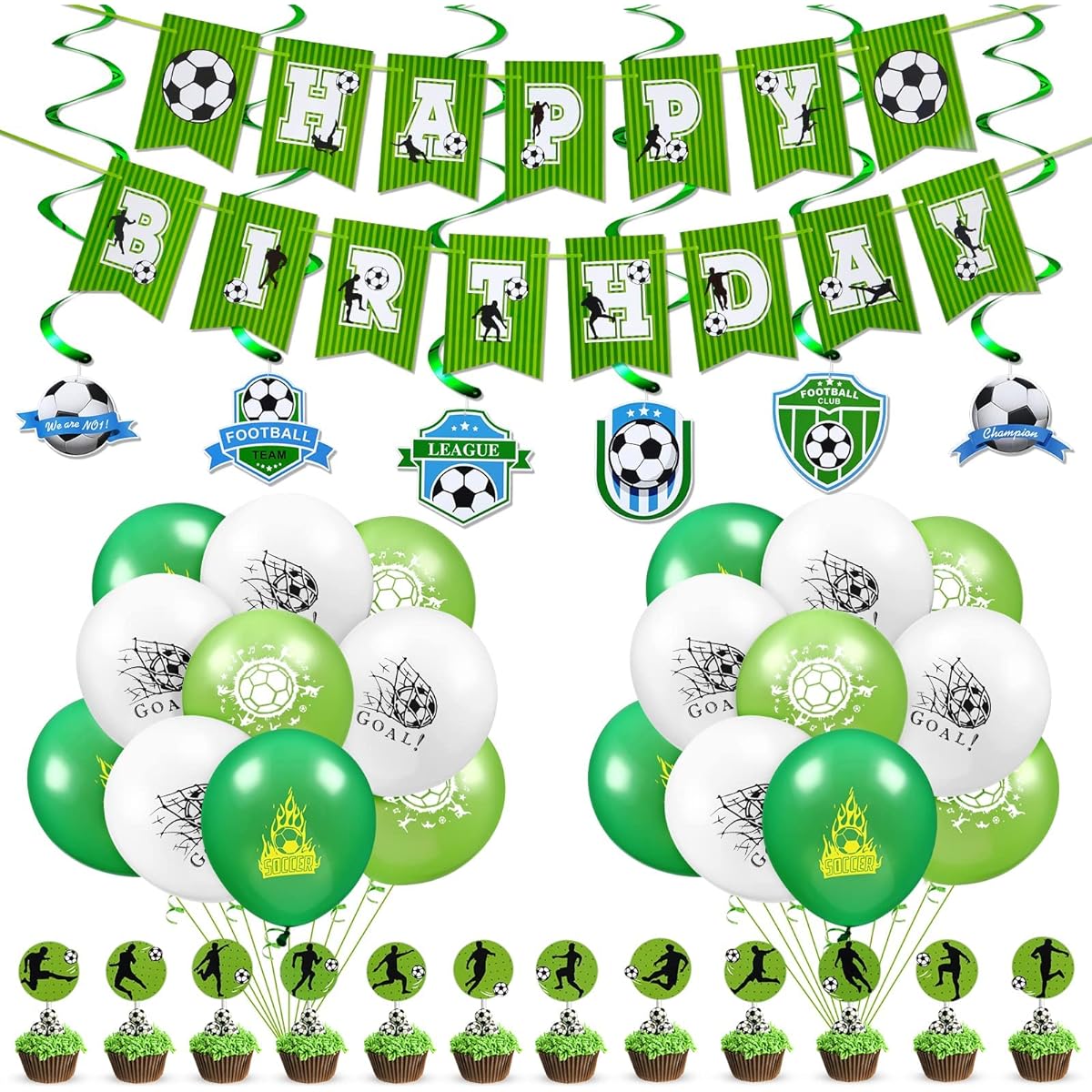 Soccer Theme Birthday Party Decorations, 24pcs Latex Balloons and 10pcs Swirls for Kids Boys Girls Football Theme Party Supplies