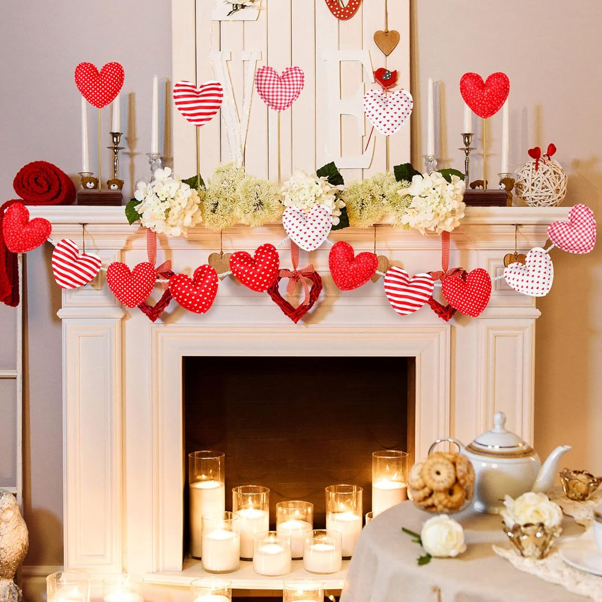 18pcs Valentine's Day Heart Ornaments 3.5 Inch Fabric Valentine Hanging Decor Heart Shaped Hanging Bauble Stripe Polka Dot Heart Ornaments with 6.5 Feet Rope Craft Wedding Party DIY (Heart)