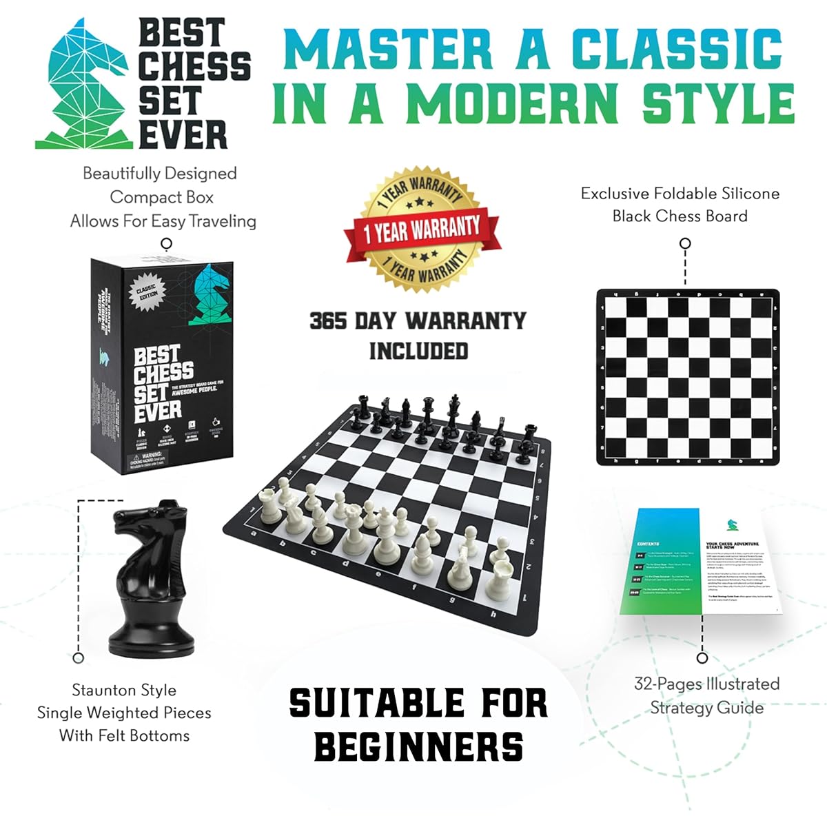 Best Chess Set Ever - Travel Chess Set with Single Weight Staunton Pieces and 15" x 15" Foldable Silicone Board - Travel Edition