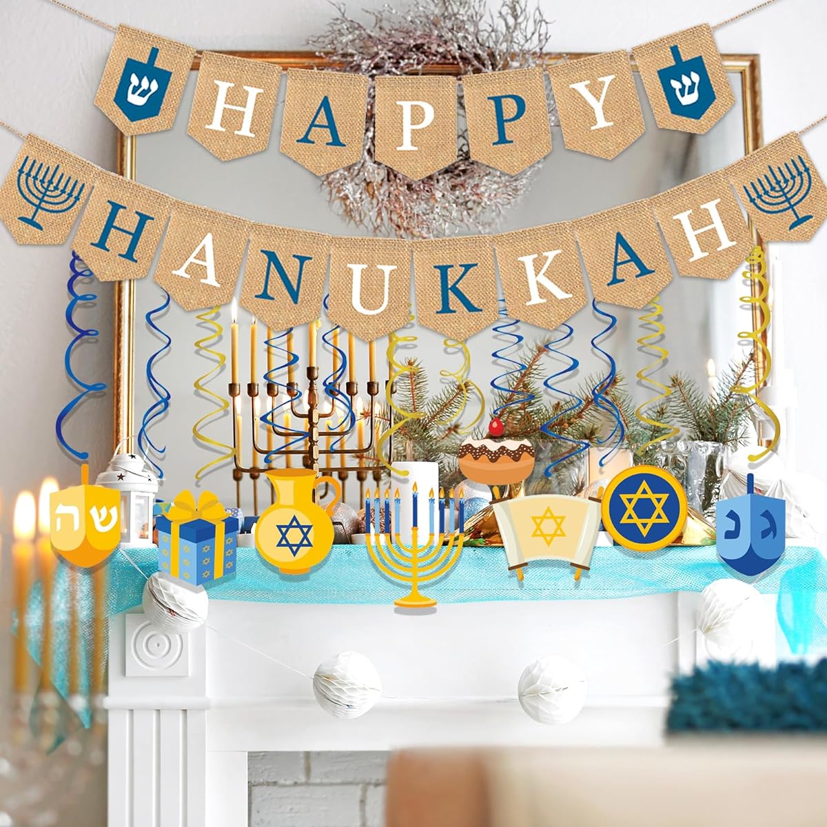 Geyoga Hanukkah Decorations Burlap Hanukkah Decorative Banner Hanukkah Hanging Swirls Menorah Donut Jewish Hanukkah Festival Party Decorations Hanging Ribbons Holiday Backdrop Banner 16pcs