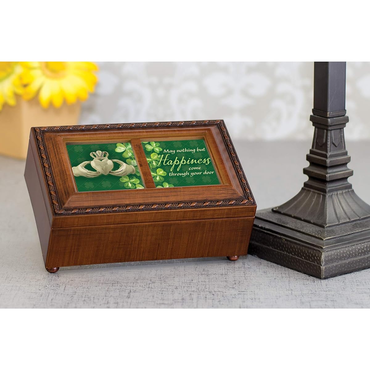 Cottage Garden Happiness Wood Grain Rope Trim Small Music Box Irish Lullaby