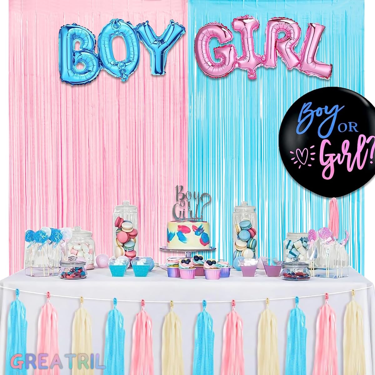 GREATRIL Party Photo Backdrop Pink and Blue Foil Fringe Tinsel Streamers for Gender Reveal/Boy/Girl/Pastel/Easter/Baby Shower/Birthday Party Decorations - 3.3ft x 8.5ft - 2 Pack
