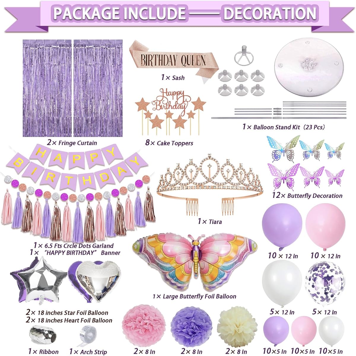 Guudmua 222pcs Butterfly Birthday Decorations Purple and Pink Girl's Birthday Decorations Kit - Includes Disposable Tableware Set, 25 Guests, Balloons, Sash, Tiara, Banner, Butterfly Decor