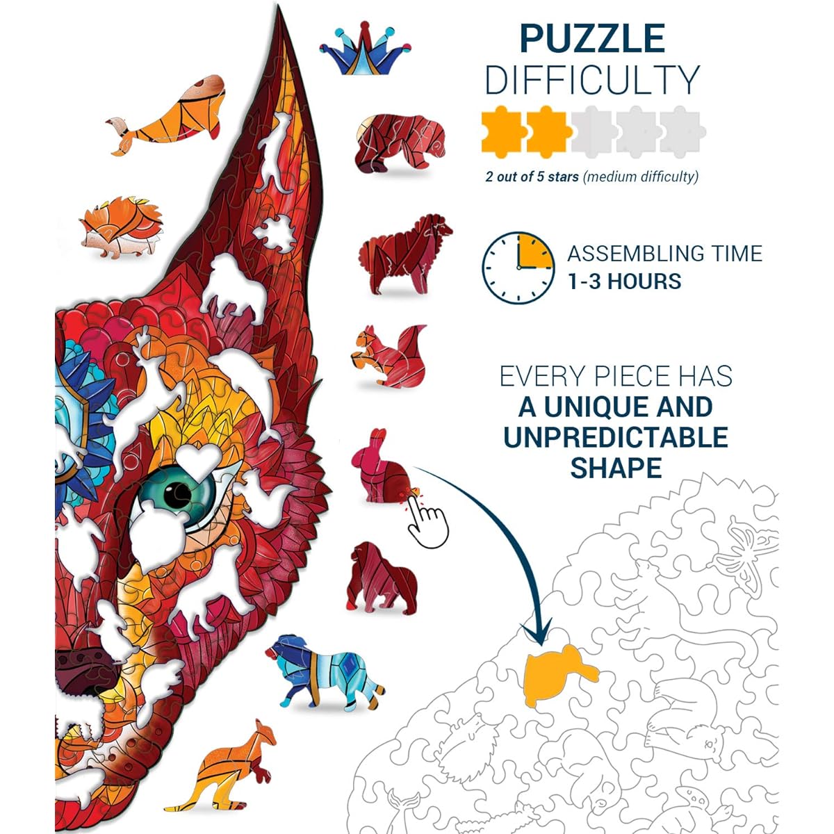 Hodslen Woods - Animal Wooden Jigsaw Puzzles for Kids (10+) Adults Teens Family Majestic Animal Shape Natural Wood Puzzle Beginner Level 9x14.1 Inch (23x38cm, 130 Pieces, Large) - Size - Caracal