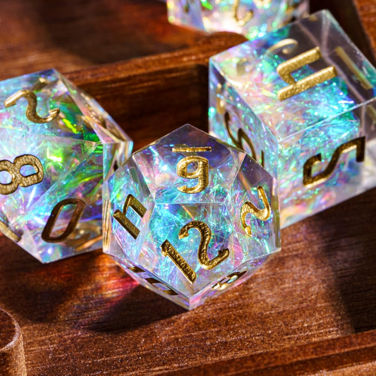 Cusdie Sharp Edge DND Dice 7 Piece D&D Dice Handcrafted Polyhedral Dice Set for Role Playing Games MTG Pathfinder (Clear Rainbow Film/W)
