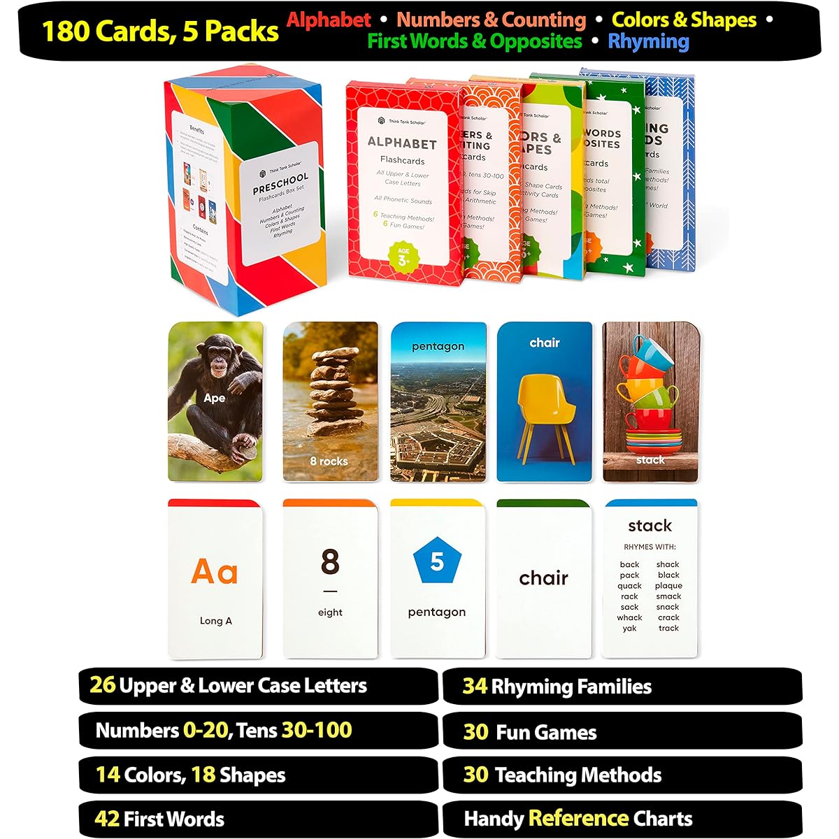 Think Tank Scholar Preschool Flashcard Set - Alphabet (ABC) Letters Math Numbers & Counting Colors & Shapes First Words & Opposites & Rhymes for Toddlers Ages 3-6