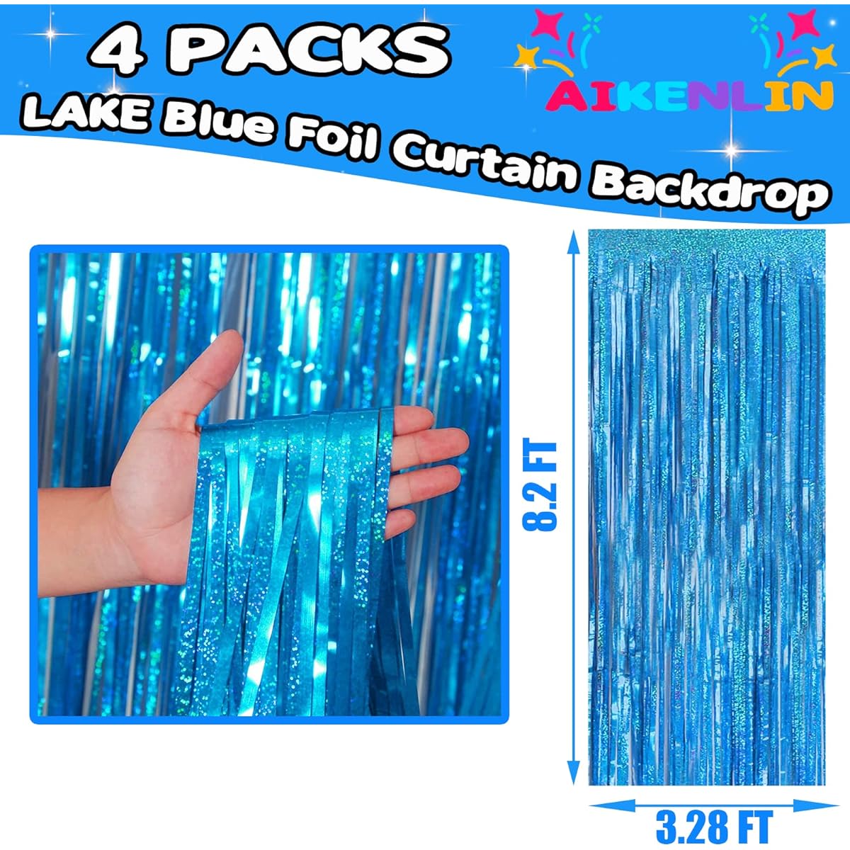 4 Pack 3.2ft x 8.2ft Lake Blue Foil Fringe Curtain Backdrop Metallic Tinsel Foil Fringe Streamer Curtain Background for Photo Booth Birthday Wedding Disco Bachelorette Christmas Party Decoration