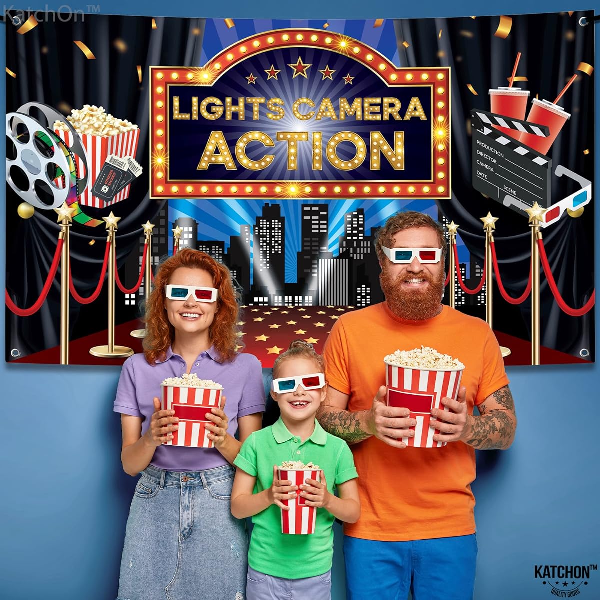 KatchOn, Light Camera Action Backdrop - Large, 72x44 Inches | Movie Theme Party Decorations Oscar Party Decorations | Light Camera Action Decorations | Hollywood Backdrops for Movie Party Decorations