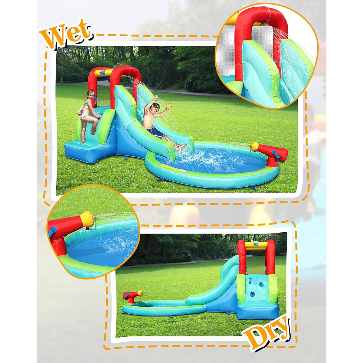 ACTION AIR Inflatable Water Slide Bouncy House for Wet & Dry Kids Water Park Outdoor Fun Splash Pool & Water Guns Extra Thick Material Durable Perfect for Kids (AM0452)