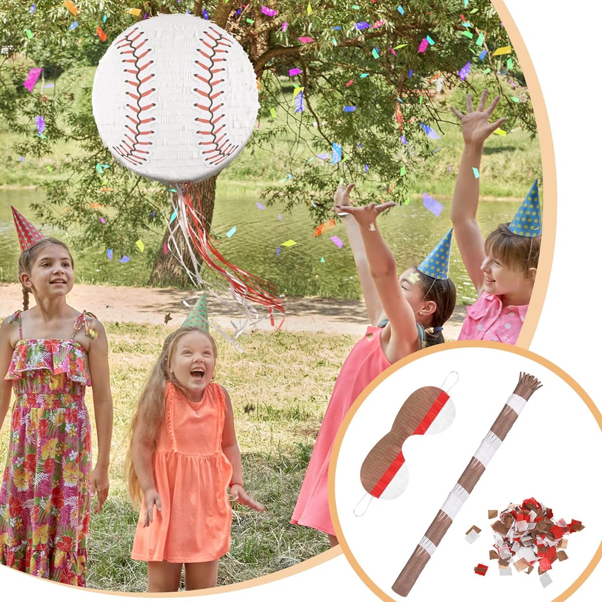 Baseball Small Pinata with Blindfold Bat Birthday Party Softball Paper Pinata Sports Balls Confetti Baseball Birthday Party Supplies Birthday Party Decorations 13.19 x 13.19 x 3 Inches