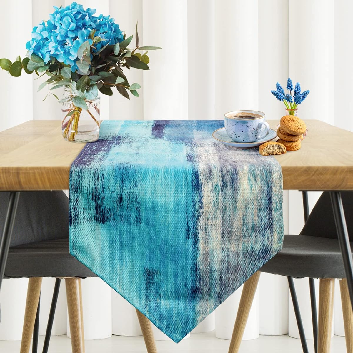 Turquoise and Gray Table Runner Teal Abstract Modern Art Burlap Table Runner Table Dresser Runner Farmhouse Style Dinner Party Holiday Home Decoration