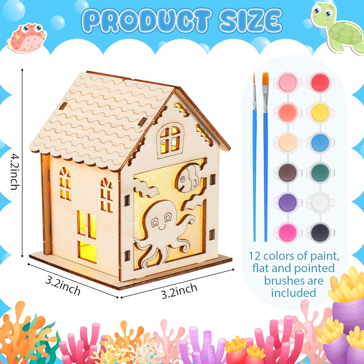 Soaoo LED House Wooden Craft Kit, 18PCS Unfinished Light Up Little House 3D Cutting Wooden Puzzle with 12 Paint Strips and Flat Tip Brushes for Kids and Adults, Create Decorations (Marine Animals)