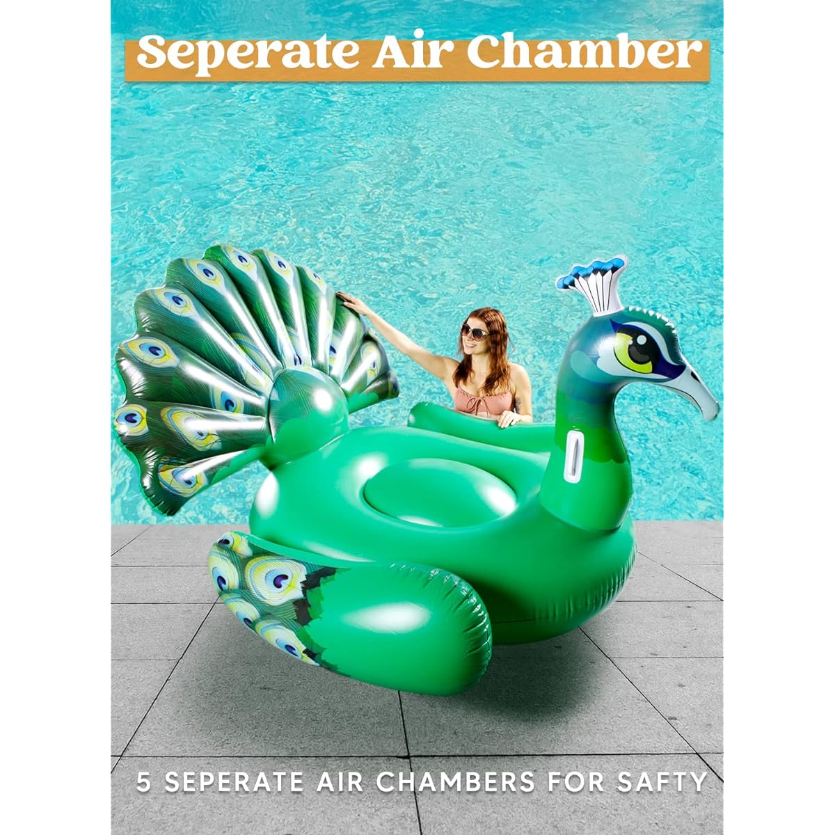 Sloosh Inflatable Peacock Pool Float, Giant Green Raft Ride On Summer Pool Beach Float Swim Party Toy Island Lounge for Adults & Kids