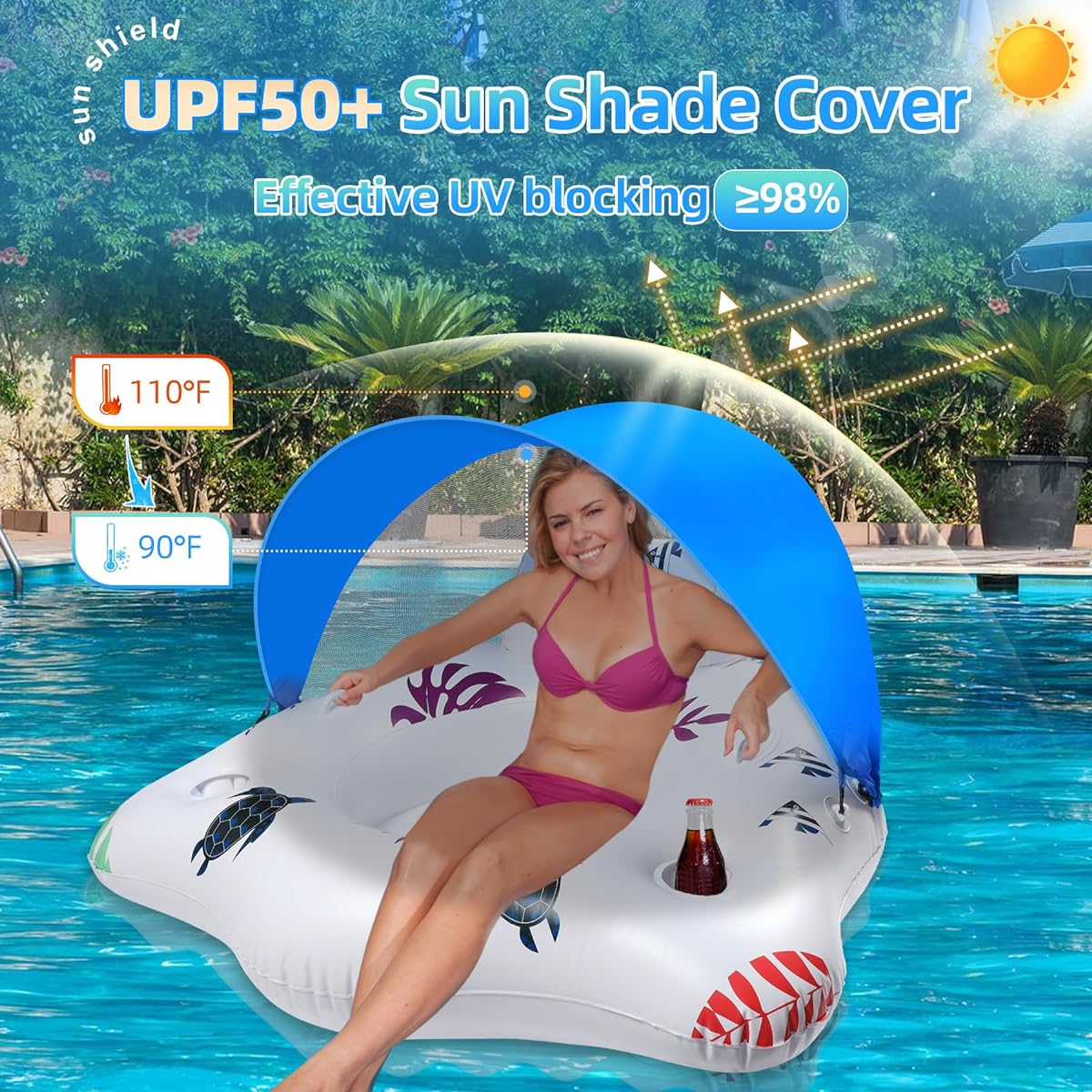 Sinbyuer Inflatable Pool Float for Adults with Canopy Large Pool Float Chair with Cup Holder & Armrest Floating Pool Lounge Water Float for Adults Beach Float for Adults Sea Lake Float Pool Raft