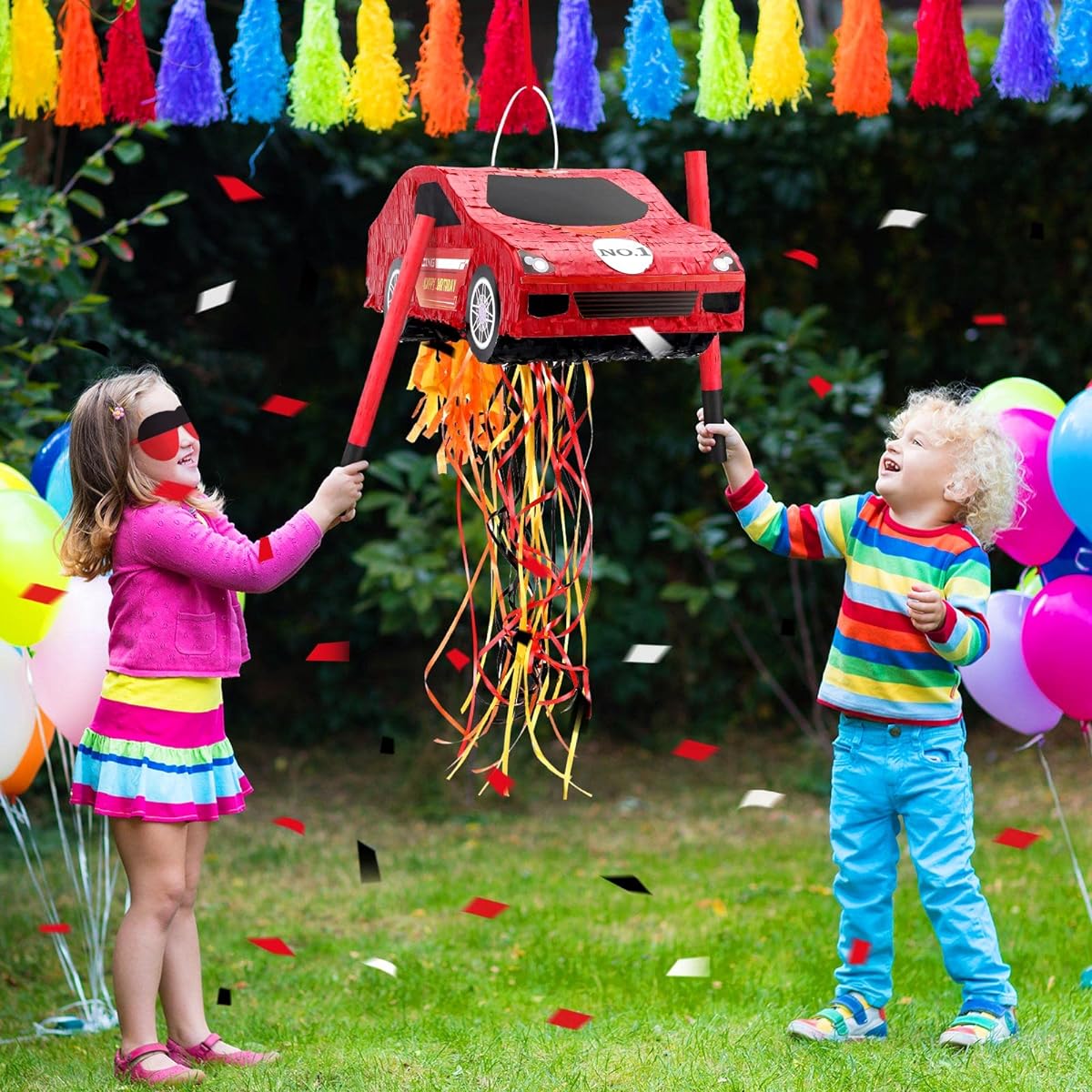 Race Car Pinata with Pull String Blindfold Bat Confetti Birthday Game for Kids Boys Race Fan Party Game Supplies